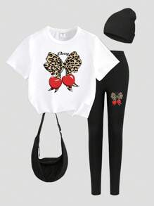 SHEIN Sparklyn 少女时尚豹纹、樱桃和字母图案圆领短袖 T 恤和紧身裤 2 件套，时尚休闲 - 彩色 - 查看 3