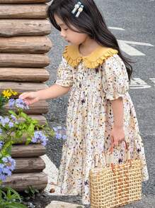 SHEIN 小女孩日韩公主风黄色碎花领荷叶边袖连衣裙 - 彩色 - 查看 4