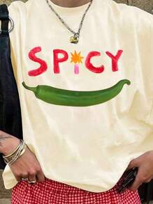 SHEIN EZwear Plus Size Women's Summer Letter & Chili Pepper Print Dropped Shoulder Casual T-Shirt