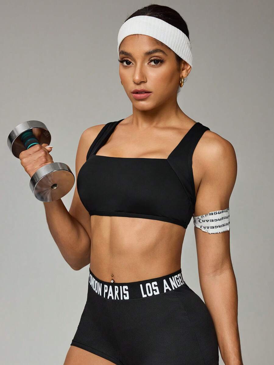 SHEIN Sports 女士瑜伽/健身训练运动胸罩,适合春夏季 - 黑色 - 查看 1