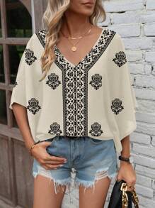 EMERY ROSE Women Woven Digital Print Batwing Sleeve V-Neck Casual Blouse