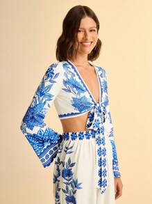 CAJUNI 女式 V 领长袖系带蓝色花卉印花海滩度假风短款衬衫 - 彩色 - 查看 5