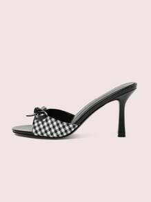 CUCCOO DOLLMOD Women's Plaid & Black PU Mixed Bow Decor Comfortable Round Toe High Heel Mule Sandals