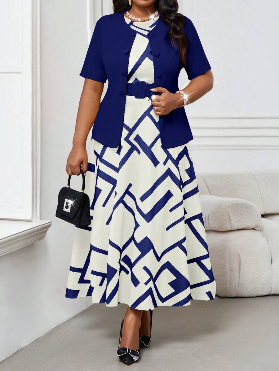 SHEIN Lady Bộ quần áo giáo viên váy in hình học màu tương phản cỡ lớn dành cho nữ hai mảnh mùa hè dành cho nữ trang phục ngày lễ tình nhân trang phục đi nghỉ lễ năm mới dành cho nữ bộ đồ mặc nhà thờ dành cho nữ trang phục mùa xuân dành cho nữ - Màu xanh hải quân - Xem 1