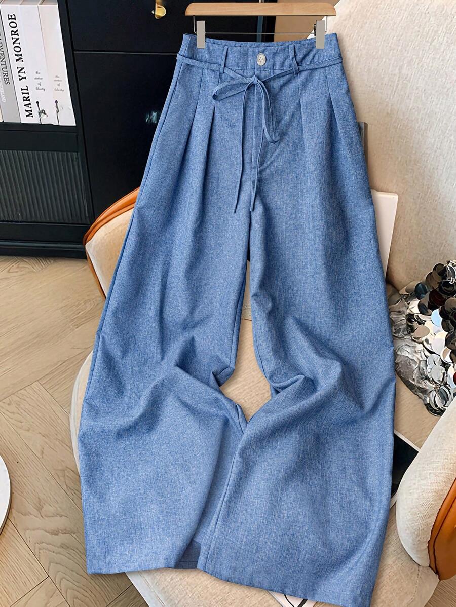 GlowEve Women's Spring/Summer Casual Two-Tone Fabric Tie Front Wide Leg Suit Pants - Blue - View 1