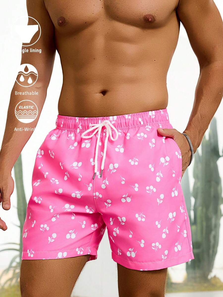 Manfinity Men's Cherry Print Drawstring Waist Pocket Beach Shorts - Pink - View 1
