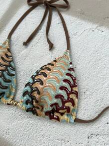 Swim Vcay Women's Open-Knit Brown Earthy Tone Yellow & Gold Beaded Swimsuit Top, Elegant Casual For Spring Summer Beach Party Holiday Festival - Multicolor - View 5