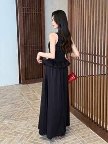 Breezaya Women's Long Waist-Cinching Sleeveless Button Up Elegant Dress - Black - View 2