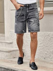 Manfinity VCAY 男士休闲刺绣磨边牛仔短裤，时尚