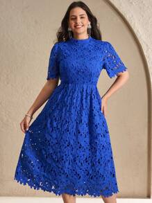 Chikora 大码女式夏装，优雅工作服连衣裙，蕾丝中长连衣裙，海军蓝短袖连衣裙夏季服装