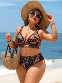 Swim Lushoire Plus Size Women Floral Print Bikini Set Vacation Style For Summer