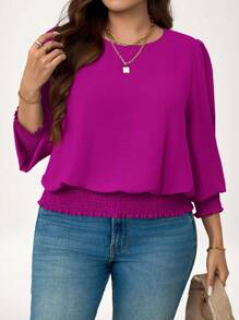 SHEIN LUNE Camicetta casual con maniche a palloncino, tinta unita, adatta per le feste di Capodanno, taglie comode - Viola rosso - Visualizzare 3