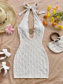 Soleia New Texture Halter Backless Tie Design Mini Dress With Metallic Decor, Blue - Apricot - View 3