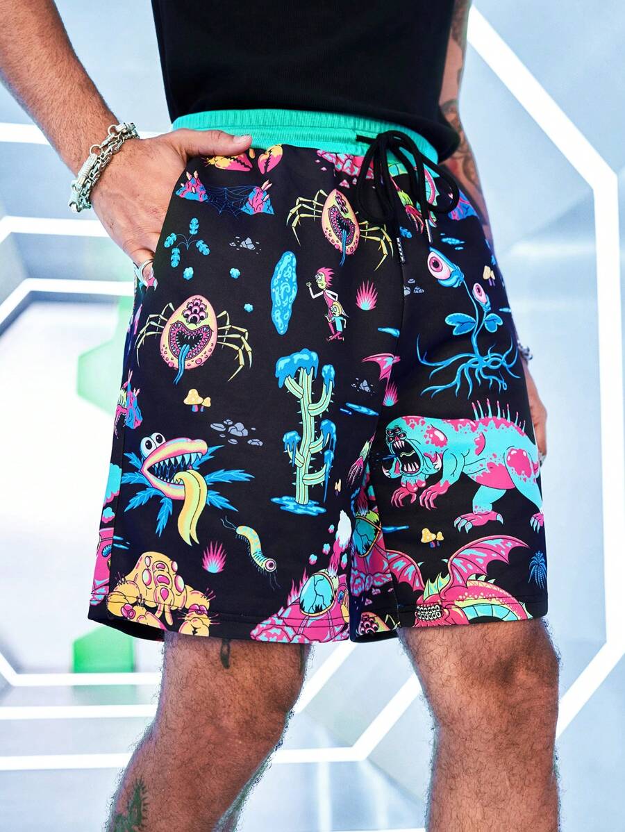 Rick and Morty X SHEIN 男士休闲全印花抽绳腰短裤，适合日常穿着，夏季 - 黑色 - 查看 1