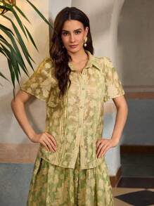 ZEYLAH Women's Elegant Cut-Out Single Breasted Short Sleeve Blouse, Spring/Summer - Green - View 4