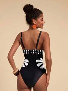 Travachic 1pc Women's Stylish Spaghetti Strap One-Piece Swimsuit, Suitable For Summer - Black and White - View 2