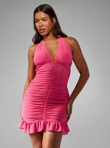 MISSGUIDED Ruched Mesh Halter Neck Mini Dress Summer Party Bodycon Club Dress Evening Flounce Hem Dance Night Out - Pink - View 1