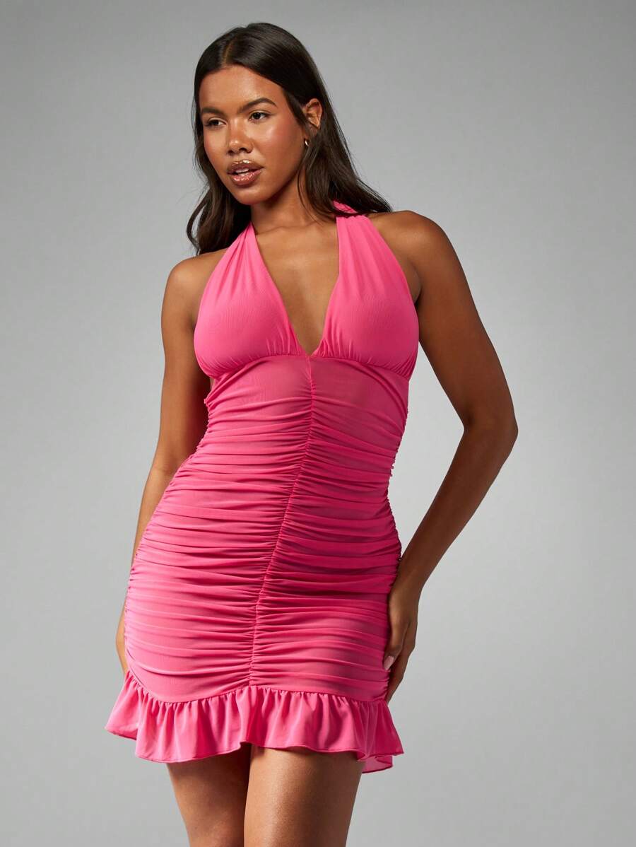 MISSGUIDED Ruched Mesh Halter Neck Mini Dress Summer Party Bodycon Club Dress Evening Flounce Hem Dance Night Out - Pink - View 1