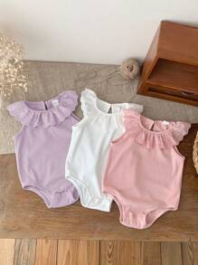 SHEIN LMoss Kids 3pcs/Set Newborn Baby Girl Summer Cute Knitted Ruffle Bodysuit - Multicolor - View 3