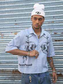 AXEPEAK 街头风格嘻哈休闲条纹牛仔骑行印花短袖短款男士衬衫 - 藍白色 - 查看 4