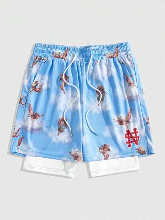 Men's Street Life Striped Print Drawstring Waist Pocket Casual Sports Shorts For Summer