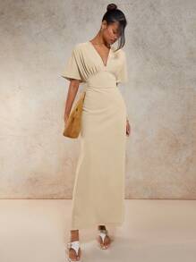 COSMINA Women's Solid Color V-Neck Short Sleeve Waist Fitted Long Dress, Summer,Business Casual Woman