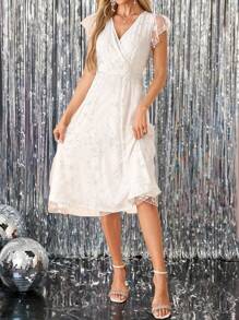 SHEIN Clasi Ruffle Sleeve Waist-Cinched Lace & Mesh Wedding Guest Dress, Elegant & Beautiful,Bohemia - White - View 4