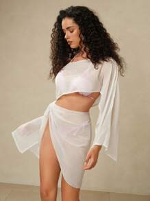 Swim Chiccia Conjunto de Top Cropped de Chiffon de Manga Longa com Ombro Caído e Mini Saia Combinando, Estilo de Verão - Branco - Visão 4