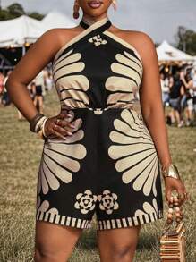 Veslaya Mono asimétrico sin mangas de cuello en V con estampado negro y caqui, apropiado para resort y primavera/verano 2025, ideal para fiestas de cumpleaños, uso diario casual, sencillo y sexy, tallas grandes