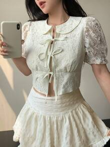 Modelyn Blusa elegante de unicolor con cordón y dobladillo con encaje para mujeres - Albaricoque - Ver 6