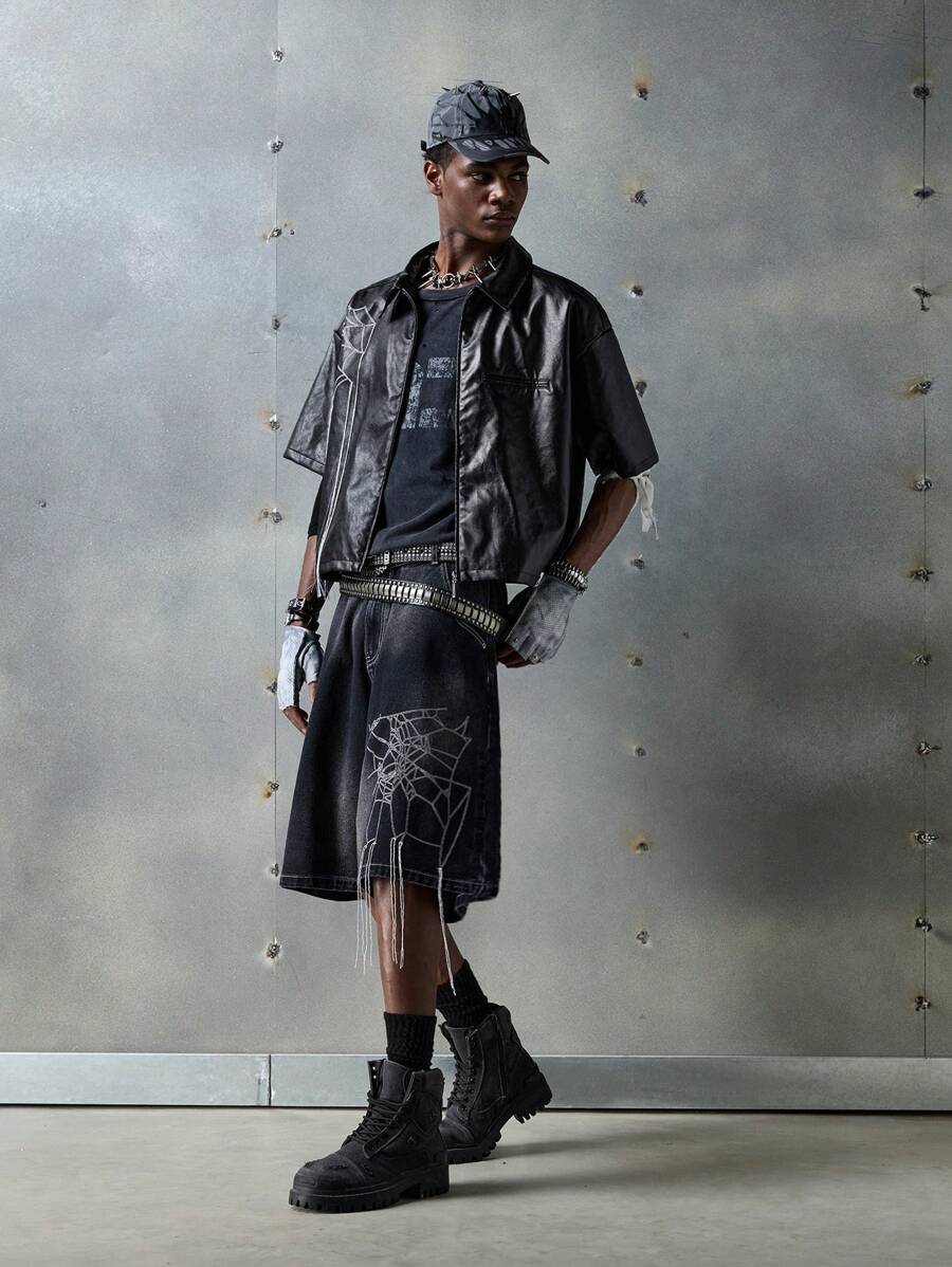 NEON BLANC 男士街头时尚皮革蜘蛛刺绣短袖衬衫，适合夏季 - 黑色 - 查看 1