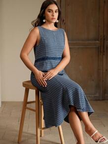 Anewsta Plus Size Stylish Slim-Fit Mid-Length Elegant Sleeveless Jacquard Denim Dress, Suitable For Women In Spring/Summer, Easter - Blue - View 7