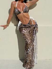 Bonvoyette 3pcs/Set New Leopard Print Mix Solid Color Triangle Halter Sexy Elegant Bikini Set With Long Mesh Beach Dress For Women For Summer Beach Vacation