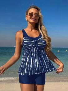 Swim Lushoire 2pcs/Set Women's Black & White Striped Random Tie-Dye Print Bowknot Front Round Neck Wide Strap Top +Black Mid-Waist Swimshorts, Simple Casual Vacation Bikini Set For Summer