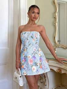 Glamine Charm 优雅花卉刺绣纯色紧身迷你连衣裙，适合花园派对、宴会、浪漫约会、女孩茶会、春夏派对服装女士连衣裙生日茶会服装秋季女装返校 - 淺藍色 - 查看 4