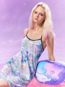Pop Mart Azura X SHEIN Adorable Women's Mini Knitted Pajama Dress Featuring Kawaii Character Print. This Cute Spaghetti Strap Nightgown With Contrast Trim Offers Ultimate Comfort For Lounging And Sleep.