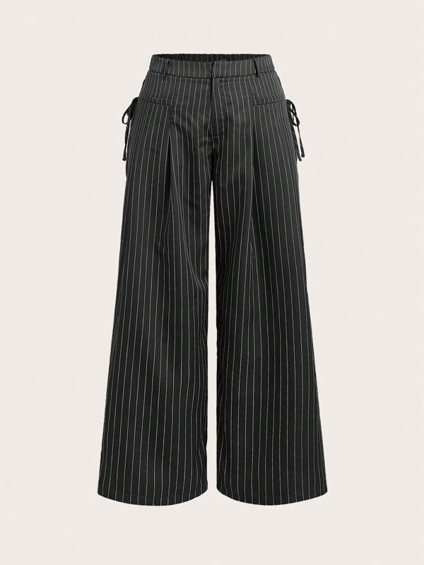 SHEIN EZwear Plus Size Women Grey Striped Knot Decor Casual Pants,Club Outfit,Airport Outfit For Women,Teacher Outfits For Women,Vacation Outfits Woman,Beach