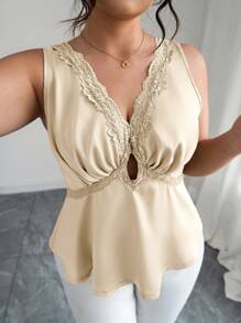 Elenzga 1 pieza Parte superior sin mangas elegante y versátil de talla grande, tank top con escote en V profundo y adorno de encaje sexy