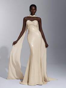 Elitara 优雅紫色奢华串珠 V 领褶皱紧身胸衣和美人鱼下摆礼服，适合女士晚会礼服 - 杏色 - 查看 6