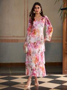 ZEYLAH Elegant V-Neck Ruched Waist Long Sleeve Dress With Print