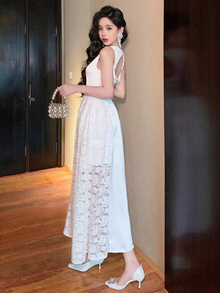 Women's Backless Lace Patchwork Fitted Elegant Sexy Casual Long Dress, Sleeveless, Summer,Formal Women Dresses