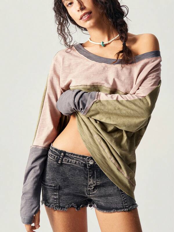 Bohemela Plus Size Women Contrast Dropped Shoulder Long Sleeve Casual Loose T-Shirt,Vintage