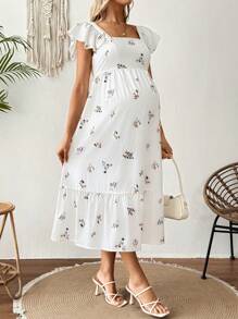 SHEIN 孕妇花卉印花方领盖袖优雅度假连衣裙 - 白色 - 查看 3