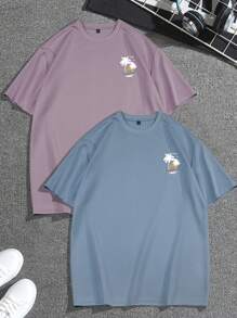 Manfinity Homme 2pcs Men's Casual Letter & Palm Tree Print Round Neck Short Sleeve T-Shirt, Summer - Multicolor - View 2