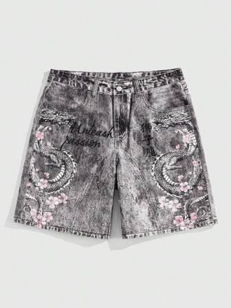 Anime Pantalones cortos de mezclilla con estampado estilo japonés para hombres, aptos para uso diario en primavera/verano