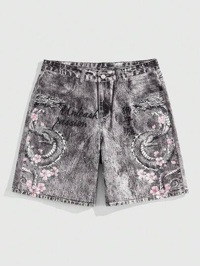 Anime Men's Anime Japanese Style Printed Denim Shorts, Suitable For Everyday Wear, Spring/Summer