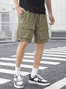 SHEIN Pantaloni scurți cargo pentru adolescenți cu buzunare 3D, stil casual universitar, confortabili și la modă, material moale, versatil pentru purtare zilnică, școală, călătorii, sporturi în aer liber - Verde Armată - Vizualizare 4