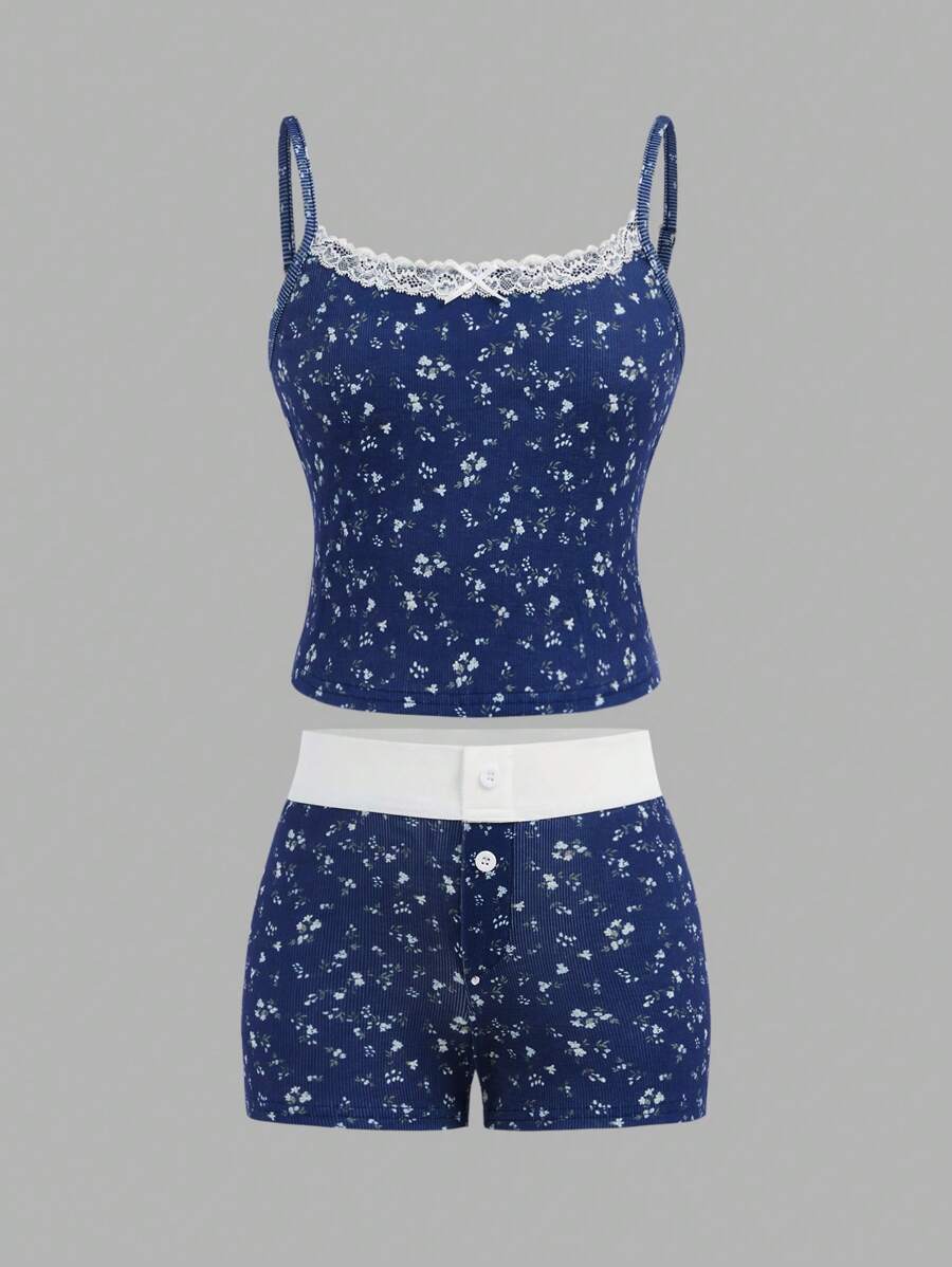 SHEIN Girlism 2pcs Tween Girl Vintage Lace Trim Fitted Tank Top & Color Block Ditsy Floral Printed Shorts Set, Navy Blue Floral Two Piece Set - Navy Blue - View 1