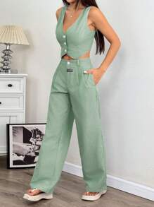 Solflare Conjunto de chaleco a rayas verde oliva con pantalones, traje semitransparente de talla grande, casual de negocios para mujer, conjunto de chaleco y pantalones, conjunto de 2 piezas a rayas, traje de pantalón de verano para otoño/invierno - Verde Oliva - Ver 6