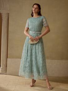 MOTF PREMIUM JUPE ÉVASÉE EN MAILLE AVEC APPLICATIONS DE SEQUINS CONTRASTÉS - Vert - Voir 5